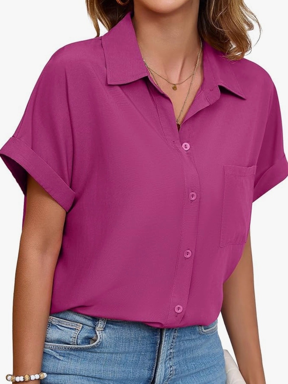 Magenta Short-Sleeve Button-Down Blouse